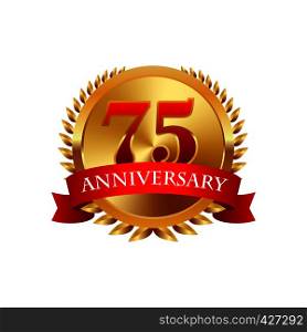 75 years anniversary golden label with ribbons on a white background. 75 years anniversary golden label with ribbons