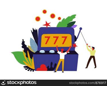 777 Gambler and machine for winning money isolated vector. Foliage and leaves of plants, people playing games in automated devices. Gambling luck and risk dependence, male happy because of lottery. 777 Gambler and machine for winning money isolated vector