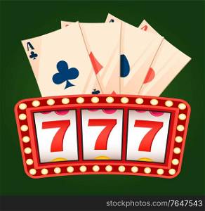 777 icons and deck of ace playing cards on green color. Roulette signboard with lightbulb, gambling entertainment, label of casino, business success vector. Casino Label, Business Success, 777 Win Vector