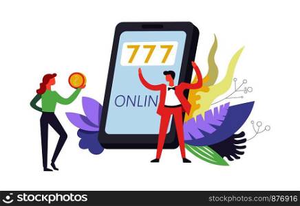 777 Online gambling games using internet by phone vector. Woman holding gold dollar coin in hands and male happy because of win sum. Cell with webpage to gamble, leaves and foliage as decoration. 777 Online gambling games using internet by phone vector