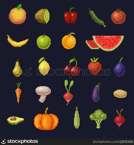 8 bit pixel art fruits, berries and vegetables icons of vector farm food. Retro video game pixelated strawberry, orange, tomato and pepper, carrot, cherry, apple and banana, radish, broccoli, avocado. 8 bit pixel art fruits, berries and vegetables