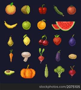8 bit pixel art fruits, berries and vegetables icons of vector farm food. Retro video game pixelated strawberry, orange, tomato and pepper, carrot, cherry, apple and banana, radish, broccoli, avocado. 8 bit pixel art fruits, berries and vegetables