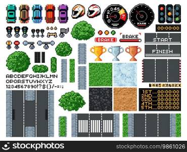 8 bit pixel art race game, top view of racing track, cars and equipment, vector icons. Arcade video game elements of karting car, speed road and traffic signs with racetrack texture and speedometer. 8 bit pixel art race game, top view racing tracks