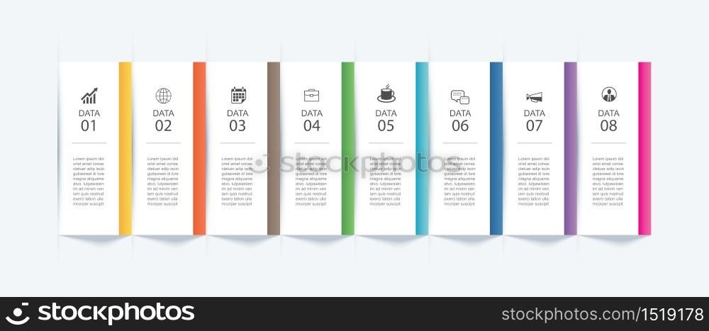 8 data infographics tab paper index template. Vector illustration abstract background. Can be used for workflow layout, business step, banner, web design.