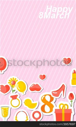 8 March banner Holiday Accessories stickers with characters in flat style. March 8 icons. International women&rsquo;s Day celebration concept. Glass of champagne and a necklace. Shoes and lips. Rose and lipstick&#xA;