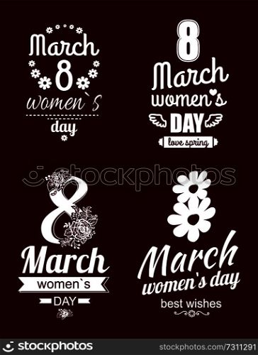8 March greeting cards design dedicated to International Womens day, blooming flower elements vector text on ribbons isolated on burgundy background. 8 March Greeting Cards International Womens Day