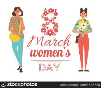 8 March greeting poster vector, Woman holding white tulip and bouquet of blooming daisies. Stylish people happy on womens day, International holiday. 8 March Greeting Poster Vector, Woman Hold Flowers
