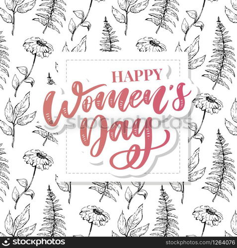 8 march. Happy Woman&rsquo;s Day Vector congratulation card with linear floral. 8 march. Happy Woman&rsquo;s Day Vector congratulation card with linear floral wreath