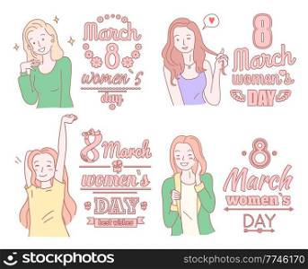 8 march happy women s day poster, girlish concept, pretty happy smiling girl, drawing nice lady greeting, winks, flirting, congratulation with holiday, international women s day, greeting card. 8 march happy women s day poster, girlish concept, pretty happy smiling girl, nice lady greeting