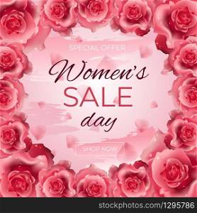 8 March - Happy Women s Day sale banner with roses. Beautiful Background with flowers and sale promotion text. Vector illustration for website , posters, ads, coupons, promotional material