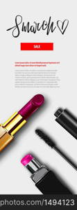 8 march happy womens fashion day. Minimalistic make up top view background. 3d lipstic, mascara. Vector holiday mock up. Vertical sale banner.. 8 march womens day fashion sale banner