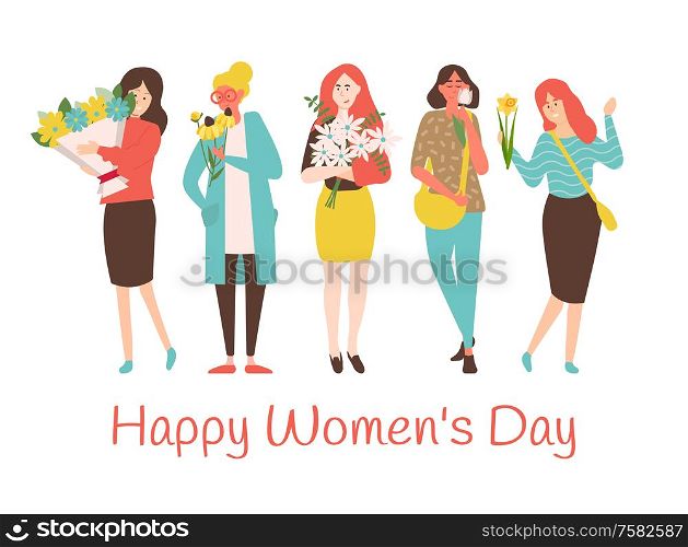8 March holiday, vector smiling caucasian mothers with blossoms, lovely girls. Happy womens day greeting card with cartoon ladies holding flower bouquets.. 8 March Holiday, Vector Smiling Caucasian Mothers