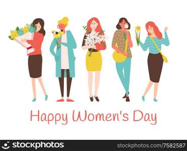 8 March holiday, vector smiling caucasian mothers with blossoms, lovely girls. Happy womens day greeting card with cartoon ladies holding flower bouquets.. 8 March Holiday, Vector Smiling Caucasian Mothers