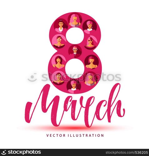 8 march illustration with woman faces. Invitation for celebration. 8 march illustration with woman faces.