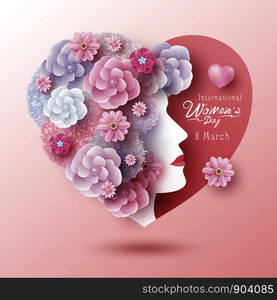 8 March International Women's day concept design of woman and flowers in heart shape vector illustration