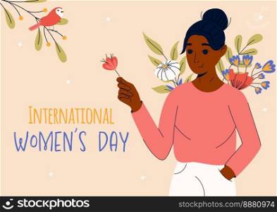 8 march, International Women&rsquo;s Day. Greeting card or postcard templates with young woman for card, poster, flyer. Girl power, feminism, sisterhood concept. 8 march, International Women&rsquo;s Day. Greeting card or postcard templates with young woman for card, poster, flyer. Girl power, feminism, sisterhood concept.