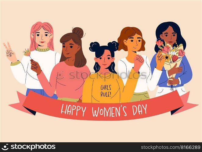 8 march, International Women’s Day. Greeting card or postcard templates with young women for card, poster, flyer. Girl power, feminism, sisterhood concept. 8 march, International Women’s Day. Greeting card or postcard templates with young women for card, poster, flyer. Girl power, feminism, sisterhood concept.