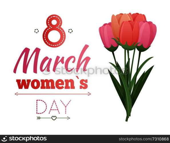 8 March ladys day, love spring lettering of pink color with ribbon tulips and flowers symbolic items, vector illustration isolated on white background. 8 March Ladys Day Love Spring Vector Illustration