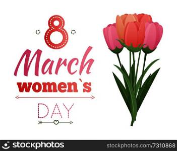 8 March ladys day, love spring lettering of pink color with ribbon tulips and flowers symbolic items, vector illustration isolated on white background. 8 March Ladys Day Love Spring Vector Illustration