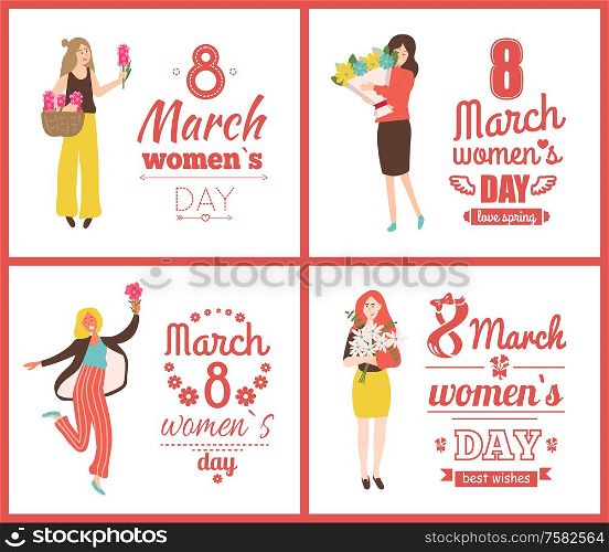 8 March posters vector, womens day with girls holding spring bouquets and smiling. Emotional people girls with roses and pink hyacinth in basket. 8 March Celebration of International Womens Day