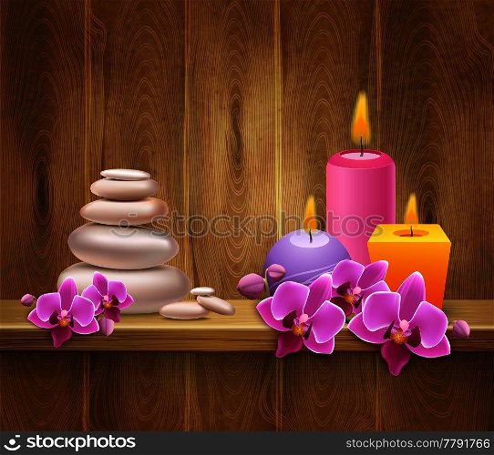 8 march realistic background with colorful candles flowers and spa stones on wooden shelf vector illustration. 8 March Realistic Background