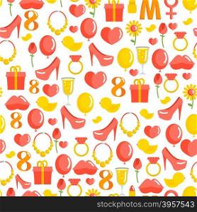8 March seamless pattern. Background of gifts for holiday. Kiss and heart. Rose and ring. Glass of champagne and balloon. International women&rsquo;s day.&#xA;