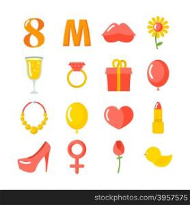 8 March set of icons. Gifts for holiday. Kiss and heart. Rose and ring. Necklace and balloon. International women&rsquo;s day.&#xA;