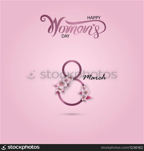 8 March sign and Abstract Pink Floral Greeting card.International Happy Women&rsquo;s Day.8th of March holiday background with Flowers.Trendy Design Template.Vector illustration.