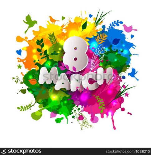 8 March vector card on watercolour blots background bright color. 8 March vector card