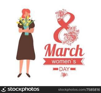 8 March women day greeting card with girl in dress with bouquet of yellow tulips, cartoon character. Vector female celebrating International spring holiday. 8 March Women Day Greeting Card with Girl in Dress