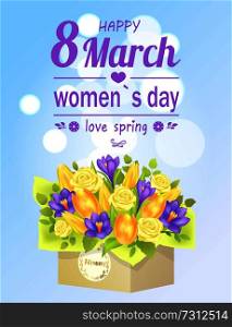 8 March womens day love spring poster flower bouquet composed by gentle spring flowers roses, crocuses, tulips packed in square box, present on 8 March. 8 March Womens Love Spring Poster Flower Bouquet
