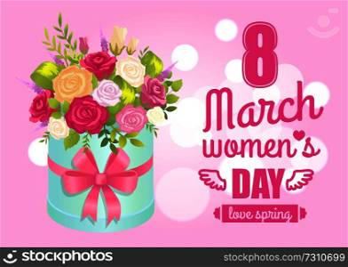8 March womens day poster with realistic spring bouquet of rose flowers pink red and white color in decorative wrapping box package vector illustration. 8 March Womens Day Poster with Realistic Bouquet