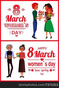 8 March womens day posters, men giving presents to wives, granny and grandfather with present, father with flowers, isolated on vector illustration. 8 March Womens Day Posters Set Vector Illustration