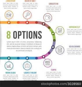 8 Options Infographic Template. 8 Options infographic template with line icons for prsentations, reports, brochures etc, can be used as steps, workflow, process, vector eps10 illustration