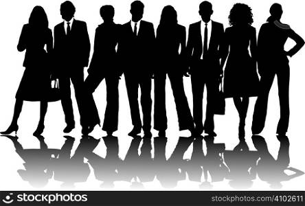 8 silhouette business people in line in black and white
