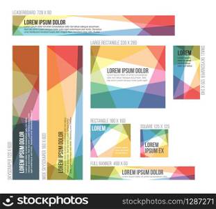 8 Standard size banner templates with colorful polygonal abstract background. 8 Standard size colorful banner templates