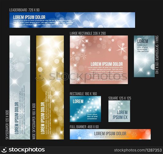 8 Standard size winter christmas banner templates with lights and snowflakes. 8 Standard size winter christmas banner templates