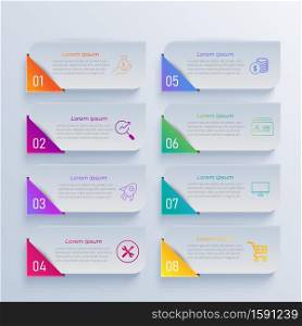 8 step Business design arrow template Timeline business planning process with options, steps. Vector illustration. use for presentation and web design organization with Gradient colors