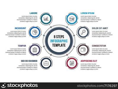8 Steps - circle infographic template, workflow or process diagram, vector eps10 illustration. Circle Infographics with 8 Elements