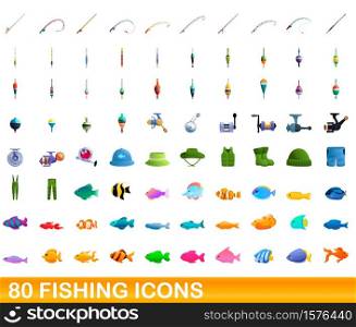 80 fishing icons set. Cartoon illustration of 80 fishing icons vector set isolated on white background. 80 fishing icons set, cartoon style