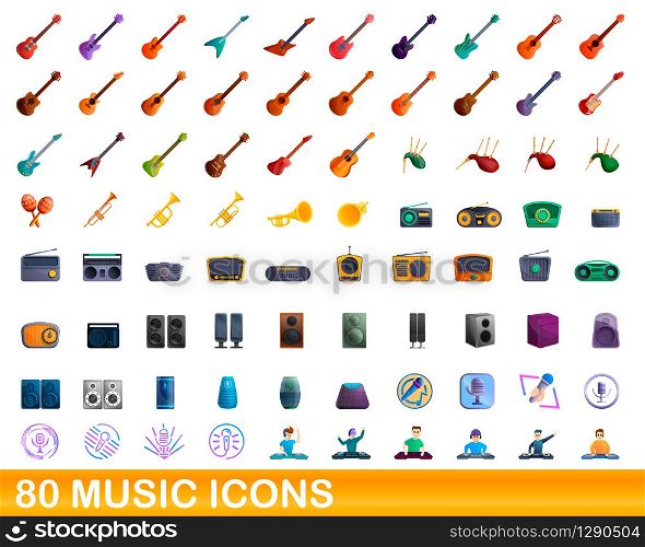 80 music icons set. Cartoon illustration of 80 music icons vector set isolated on white background. 80 music icons set, cartoon style