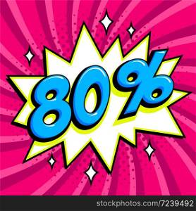 80% off. Eighty percent off sale on pink twisted background. Comics pop-art style bang shape. Seasonal sale banner. falling prices discounts. Vector illustration. 80% off. Eighty percent off sale on pink twisted background. Comics pop-art style bang shape. Seasonal sale banner. falling prices discounts.