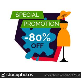 80 off special promotion logo with dummy in dress and hat. Huge sale promo logotype. Mannequin clothes on discount emblem vector illustration.. 80 Off Special Promotion Logo with Dummy in Dress