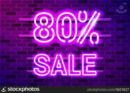 80 percent SALE glowing neon l&sign. Realistic vector illustration. Purple brick wall, violet glow, metal holders.. 80 percent SALE glowing purple neon l&sign