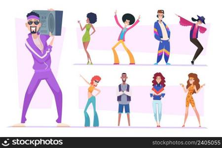 80s characters. Stylish disco peop≤in casual clothes fashio≠d jackets pants and jeans v∫a≥col≤ction exact vector happy persons. Characters 1990s and 1980s sty≤disco illustration. 80s characters. Stylish disco peop≤in casual clothes fashio≠d jackets pants and jeans v∫a≥col≤ction exact vector happy persons