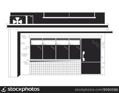 80s exterior shop door flat monochrome isolated vector object. Retro store decor. Boutique facade. Editable black and white line art drawing. Simple outline spot illustration for web graphic design. 80s exterior shop door flat monochrome isolated vector object