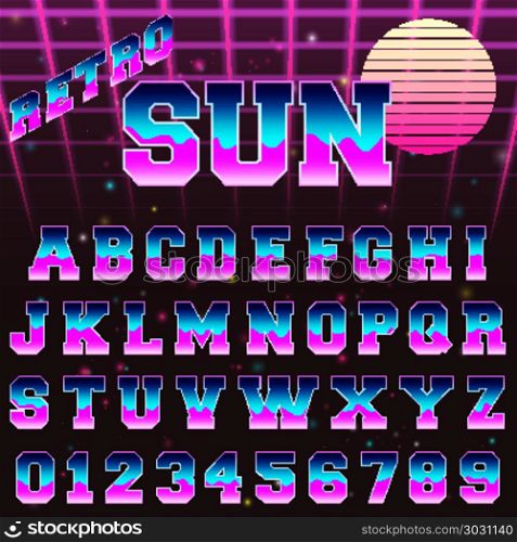 80s retro alphabet font template. 80s retro alphabet font template. Vintage letters and numbers vintage design. Vector illustration.