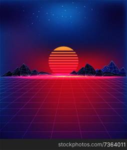 80s style backdrop with cosmic motifs. Grid texture, huge sun between rocky mountains under starry sky in pink and purple colors vector illustration.. 80s Style Backdrop with Futuristic Cosmic Motifs