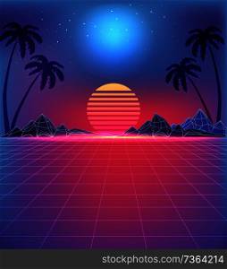 80s style landscape with grid texture in neon. Rocky mountains and tall palms at sunset. Starry sky above digital nature elements vector illustration.. 80s Style Landscape with Grid Texture in Neon