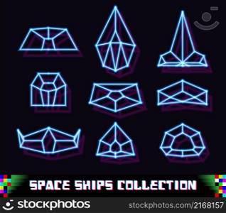 80s styled neon space ships set in new retro wave trend with laser geometric grid shapes
